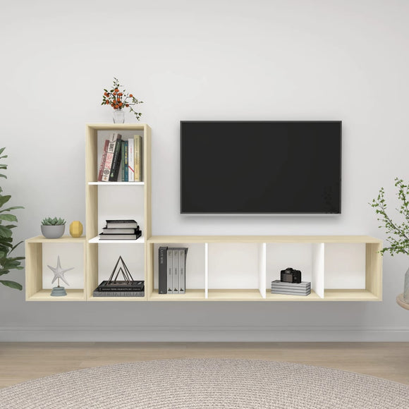 NNEVL 3 Piece TV Cabinet Set White and Sonoma Oak Chipboard