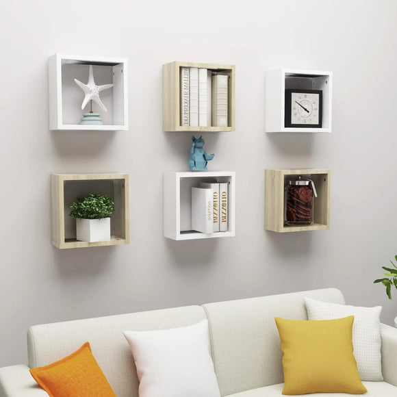 NNEVL Wall Cube Shelves 6 pcs White and Sonoma Oak 30x15x30 cm