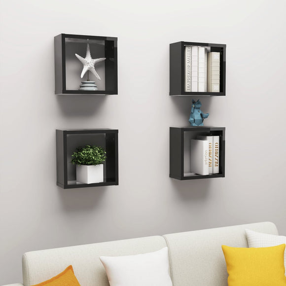 NNEVL Wall Cube Shelves 4 pcs High Gloss Black 30x15x30 cm