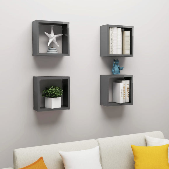 NNEVL Wall Cube Shelves 4 pcs High Gloss Grey 30x15x30 cm