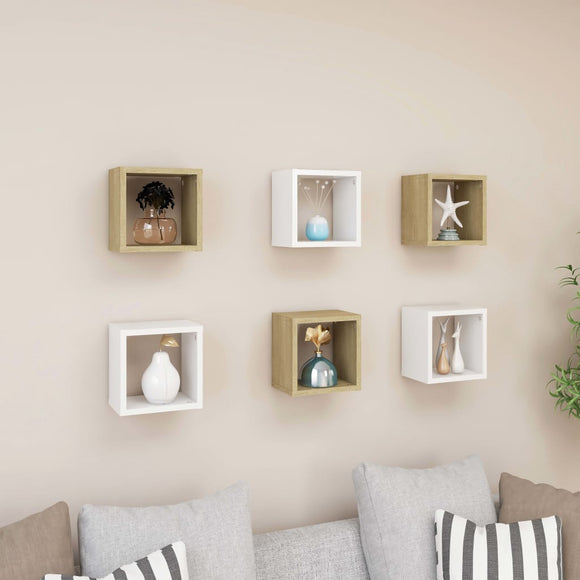 NNEVL Wall Cube Shelves 6 pcs White and Sonoma Oak 22x15x22 cm