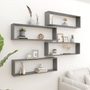 NNEVL Wall Cube Shelves 4 pcs High Gloss Grey 100x15x30 cm Chipboard