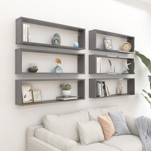 NNEVL Wall Cube Shelves 6 pcs High Gloss Grey 100x15x30 cm Chipboard