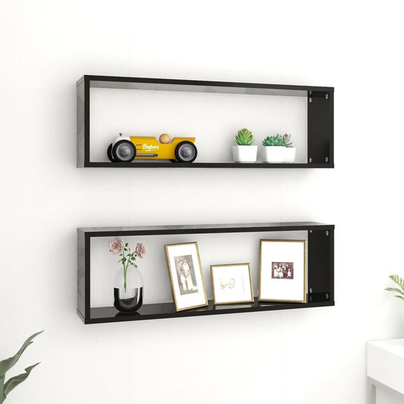 NNEVL Wall Cube Shelves 2 pcs High Gloss Black 80x15x26.5 cm Chipboard