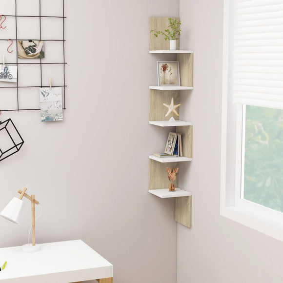 NNEVL Wall Corner Shelf White and Sonoma Oak 20x20x127.5 cm Chipboard