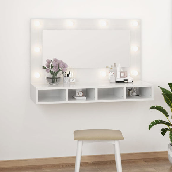 NNEVL Mirror Cabinet with LED High Gloss White 90x31.5x62 cm