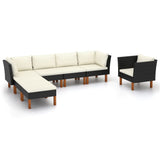NNEVL 7 Piece Garden Lounge Set Poly Rattan and Eucalyptus Wood Black