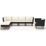 NNEVL 7 Piece Garden Lounge Set Poly Rattan and Eucalyptus Wood Black