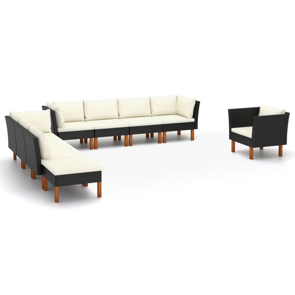 NNEVL 9 Piece Garden Lounge Set Poly Rattan and Eucalyptus Wood Black