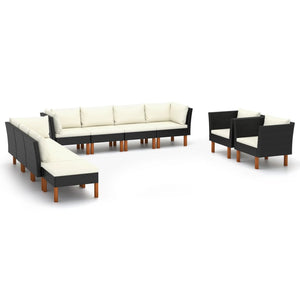 NNEVL 10 Piece Garden Lounge Set Poly Rattan and Eucalyptus Wood Black
