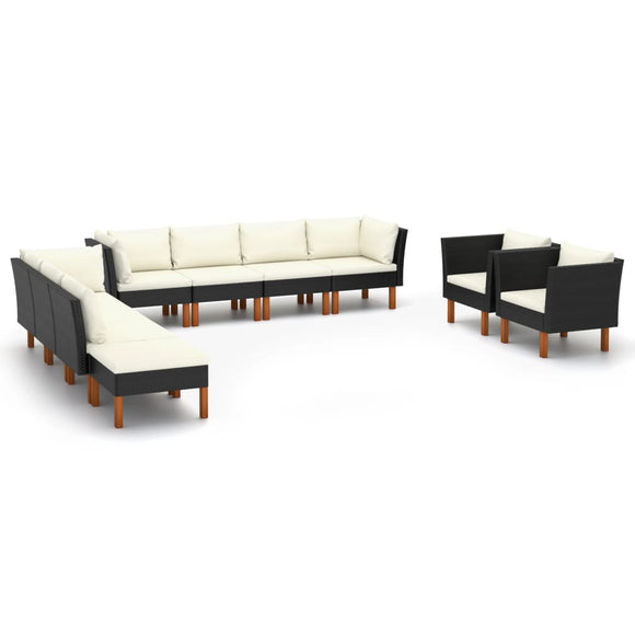 NNEVL 10 Piece Garden Lounge Set Poly Rattan and Eucalyptus Wood Black