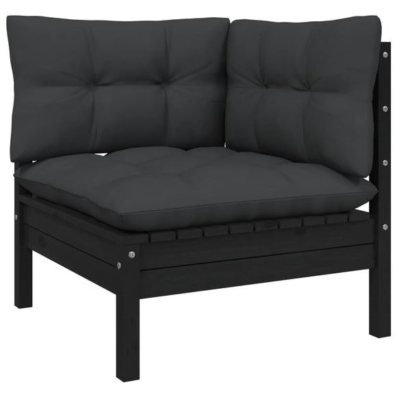 NNEVL Garden Corner Sofa with Cushions Black Solid Pinewood