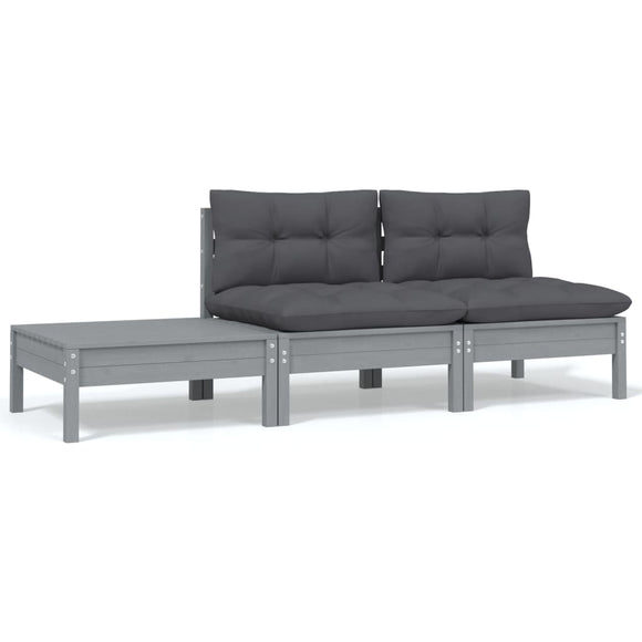 NNEVL 3 Piece Garden Lounge Set with Cushions Grey Solid Pinewood