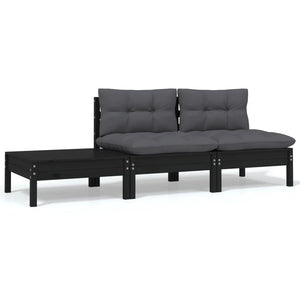 NNEVL 3 Piece Garden Lounge Set with Cushions Black Solid Pinewood
