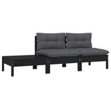 NNEVL 3 Piece Garden Lounge Set with Cushions Black Solid Pinewood