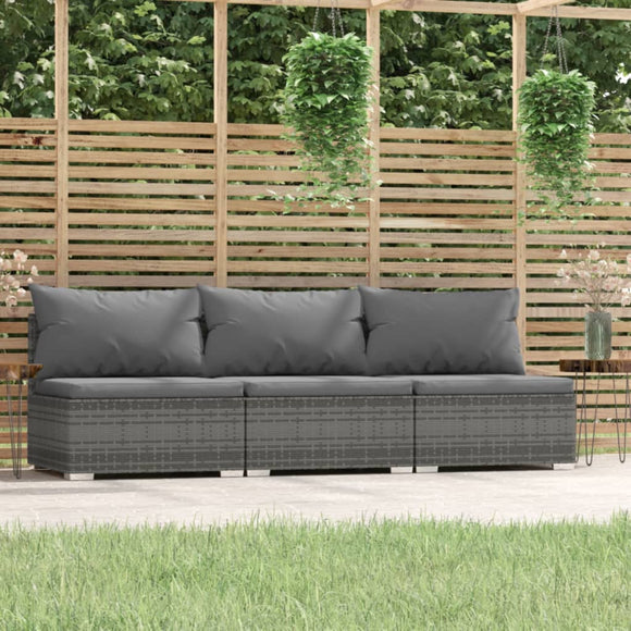 NNEVL 3-Seater Sofa with Cushions Grey Poly Rattan