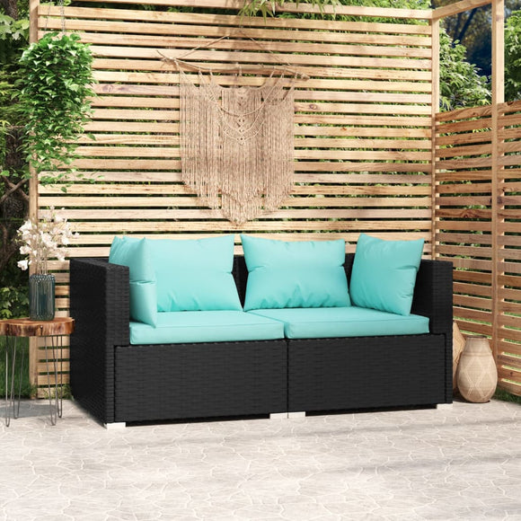 NNEVL 2-Seater Sofa with Cushions Black Poly Rattan