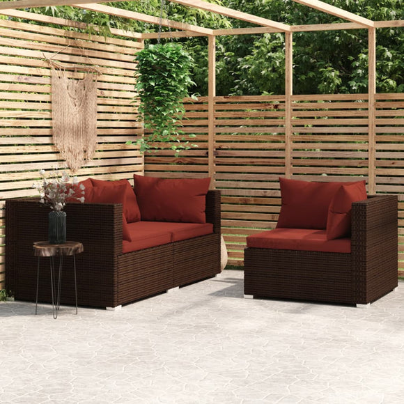 NNEVL 3 Piece Garden Lounge Set with Cushions Brown Poly Rattan