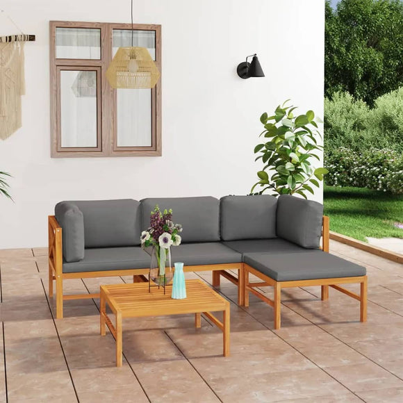 NNEVL 5 Piece Garden Lounge Set with Grey Cushions Solid Teak Wood