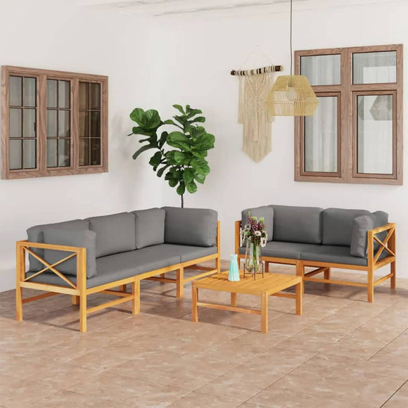 NNEVL 6 Piece Garden Lounge Set with Grey Cushions Solid Teak Wood