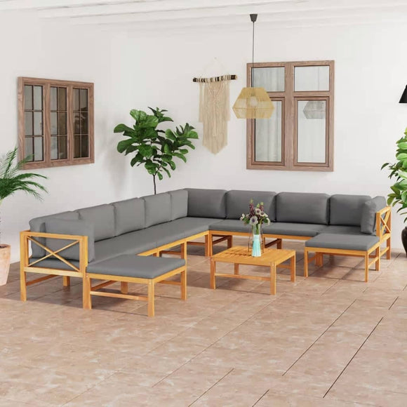 NNEVL 11 Piece Garden Lounge Set with Grey Cushions Solid Teak Wood
