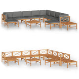 NNEVL 12 Piece Garden Lounge Set with Grey Cushions Solid Teak Wood