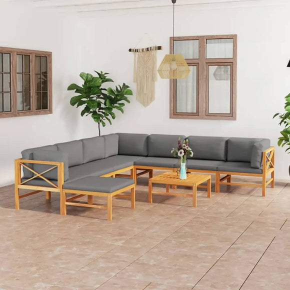 NNEVL 9 Piece Garden Lounge Set with Grey Cushions Solid Teak Wood