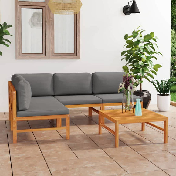 NNEVL 5 Piece Garden Lounge Set with Grey Cushions Solid Teak Wood