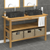 NNEVL Bathroom Vanity Cabinet with Black Marble Sinks Solid Wood Teak