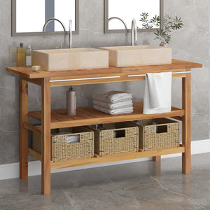 NNEVL Bathroom Vanity Cabinet with Cream Marble Sinks Solid Wood Teak