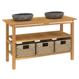 NNEVL Bathroom Vanity Cabinet with River Stone Sinks Solid Wood Teak