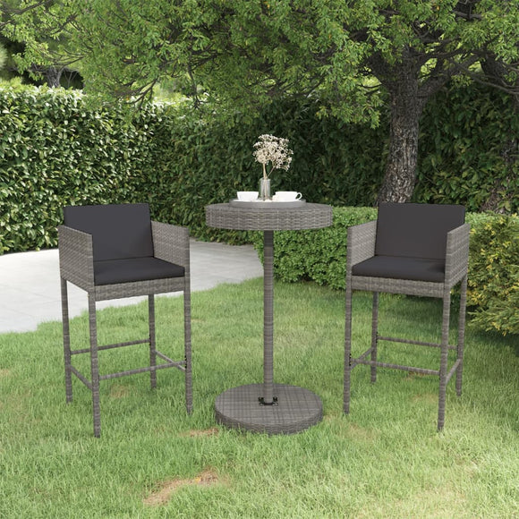 NNEVL 3 Piece Garden Bar Set with Cushions Poly Rattan Grey