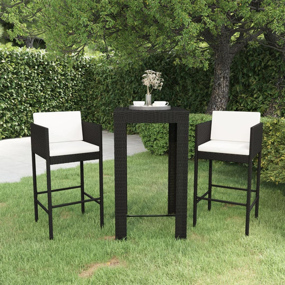 NNEVL 3 Piece Garden Bar Set with Cushions Poly Rattan Black
