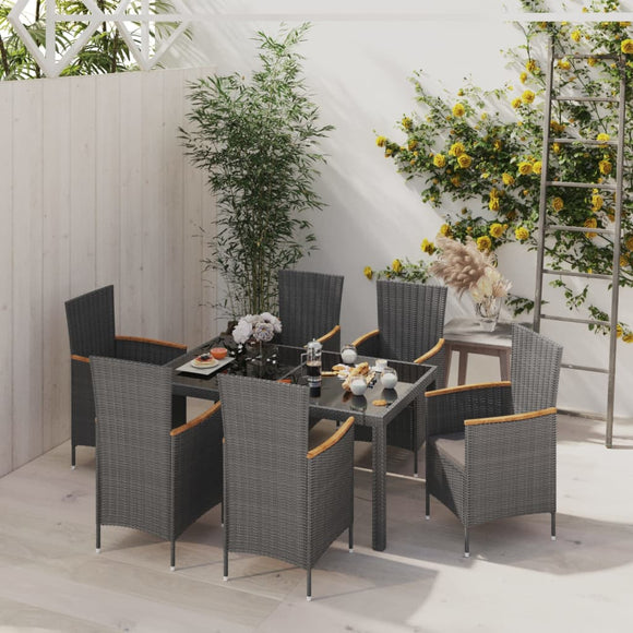 NNEVL 7 Piece Outdoor Dining Set with Cushions Poly Rattan Black and Grey
