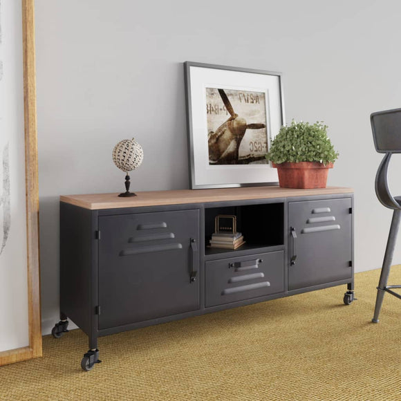 NNEVL TV Cabinet Black 110x30x43 cm Iron and Solid Wood Fir