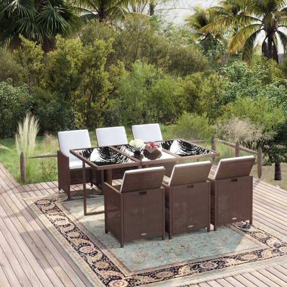 NNEVL 7 Piece Garden Dining Set with Cushions Poly Rattan Brown