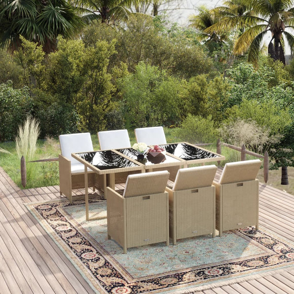 NNEVL 7 Piece Garden Dining Set with Cushions Poly Rattan Beige