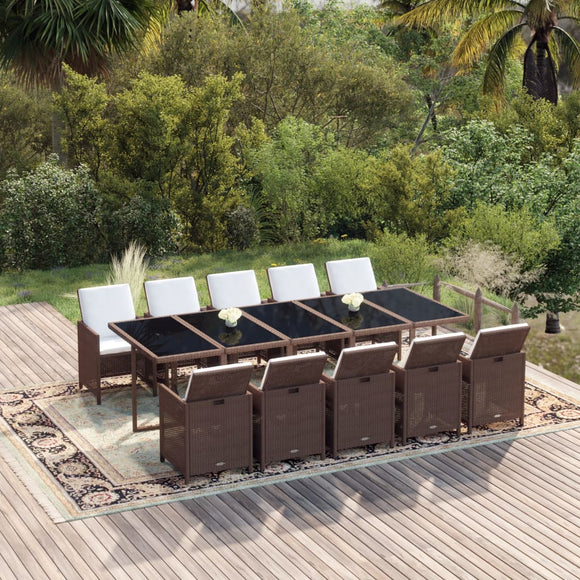 NNEVL 11 Piece Garden Dining Set with Cushions Poly Rattan Brown