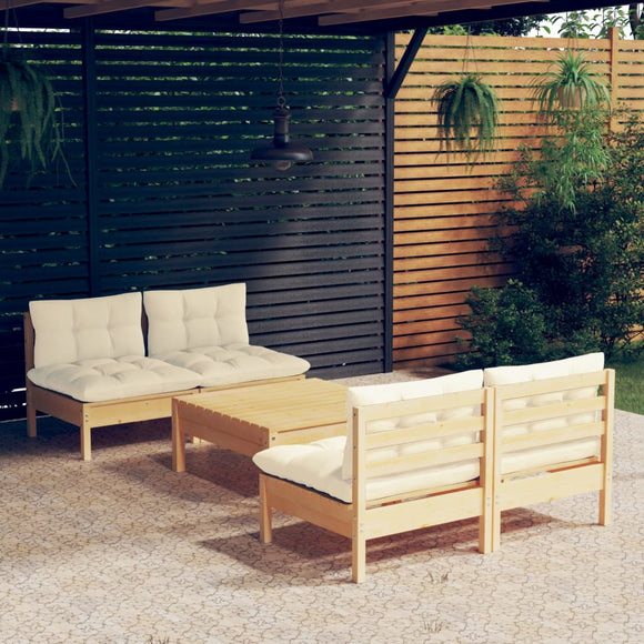 NNEVL 5 Piece Garden Lounge Set with Cream Cushions Pinewood