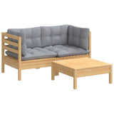 NNEVL 3 Piece Garden Lounge Set with Grey Cushions Pinewood
