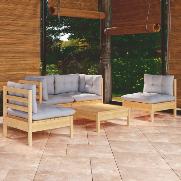 NNEVL 5 Piece Garden Lounge Set with Grey Cushions Solid Pinewood