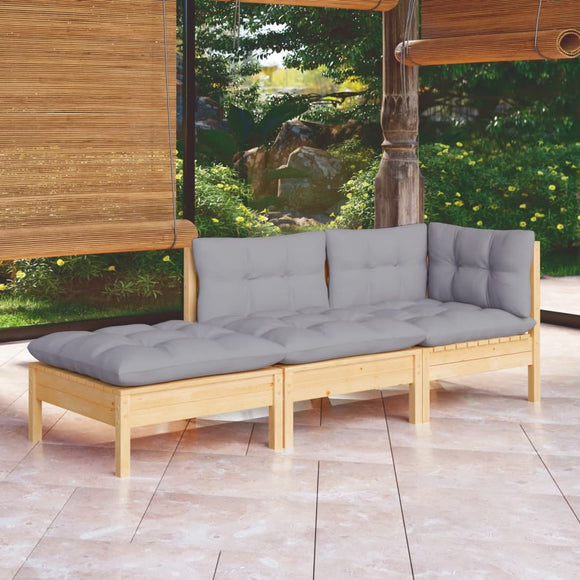 NNEVL 3 Piece Garden Lounge Set with Grey Cushions Solid Wood Pine