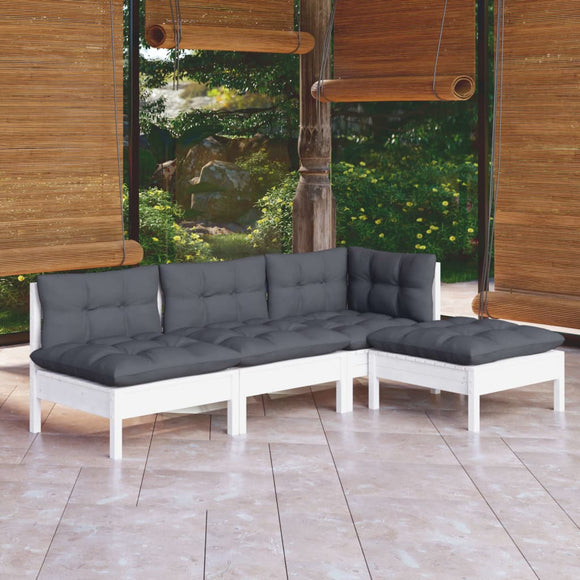 NNEVL 4 Piece Garden Lounge Set with Cushions White Pinewood
