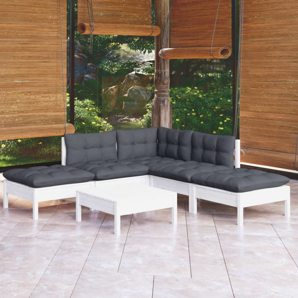 NNEVL 6 Piece Garden Lounge Set with Cushions White Pinewood