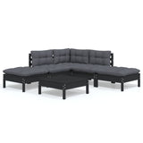 NNEVL 6 Piece Garden Lounge Set with Cushions Black Pinewood
