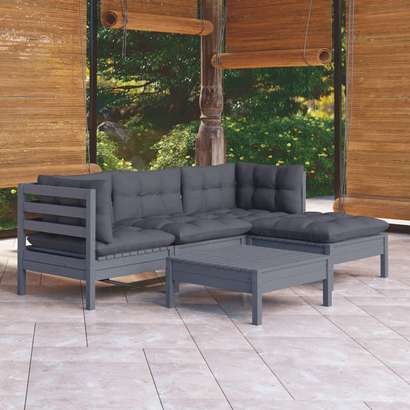 NNEVL 5 Piece Garden Lounge Set with Cushions Grey Pinewood