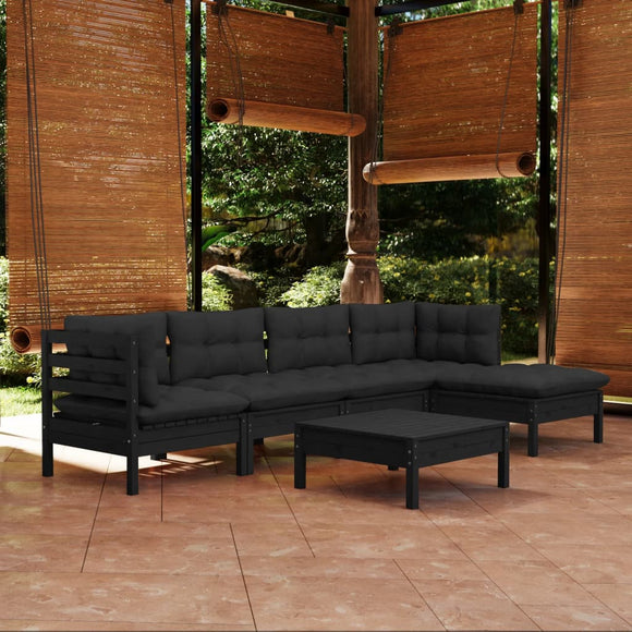 NNEVL 6 Piece Garden Lounge Set with Cushions Black Pinewood