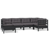 NNEVL 6 Piece Garden Lounge Set with Cushions Black Solid Pinewood