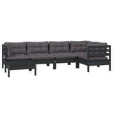 NNEVL 6 Piece Garden Lounge Set with Cushions Black Solid Pinewood