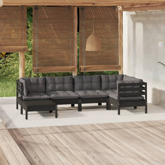 NNEVL 6 Piece Garden Lounge Set with Cushions Black Solid Pinewood